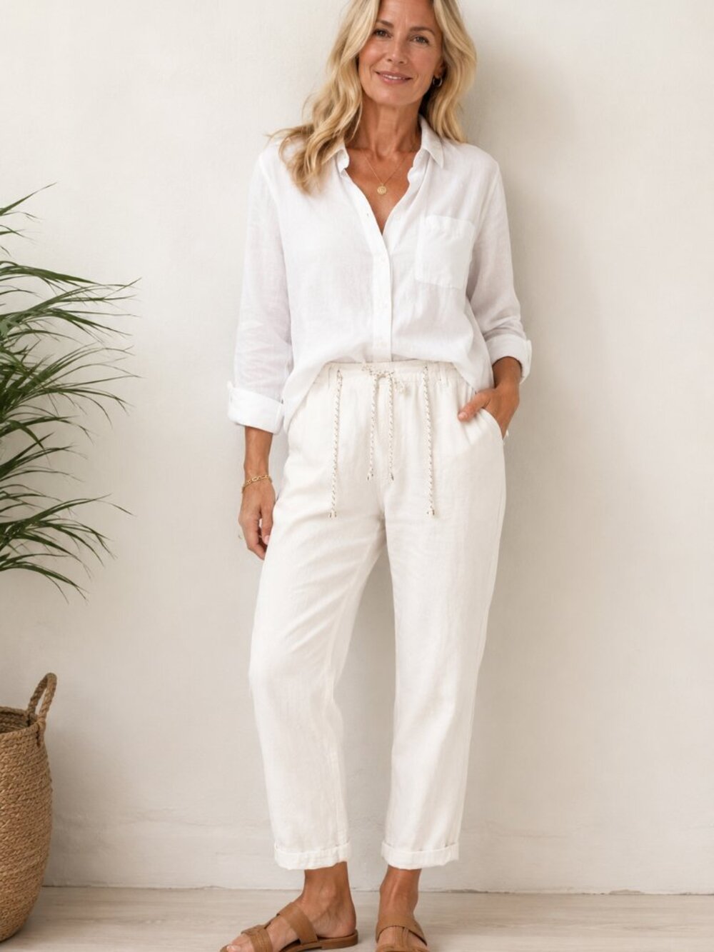 Cotton World White Linen Blend Drawstring Pants Coastal Grandma Resort Wear